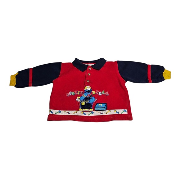 Vtg Sesame Street Polo Sweatshirt 12 Mos Cookie Monster Break Red Embroidered - Picture 1 of 9